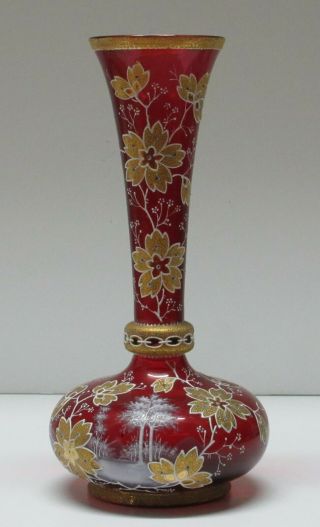 Antique Moser Cranberry Art Glass Vase Mary Gregory And Gold Coraline