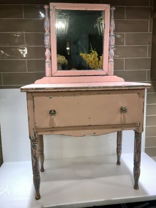 Vintage Antique Painted Pink Wooden Doll Dresser With Mirror