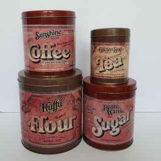 Vintage Fluffy Flour,  Brite White Sugar,  Sunshine Coffee,  Golden Leaf Tea Tins