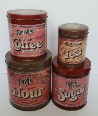Vintage Fluffy Flour,  Brite White Sugar,  Sunshine Coffee,  Golden Leaf Tea Tins 3
