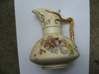 Antique Royal Worcester Hand Painted Floral Pattern Gold Trim & Handle Pitcher