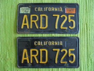 1963 California License Plate Pair Ca Tag Black Plates W/ 69 & 70 Reg Ard 725