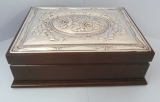Modern Solid Silver Topped Wooden Jewellery Box.  Carrs Of Sheffield 1993.  21cm