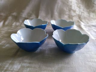 Vintage Set Of 4 Otagiri Blue Porcelain Lotus Flower Shaped Rice Bowls Japan