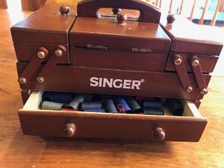 Vintage Singer Small Accordion Wood Sewing Notions Storage Box Kit