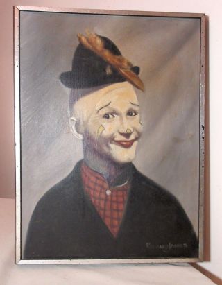 Antique Signed Richard James Clown Portrait Oil Painting On Canvas