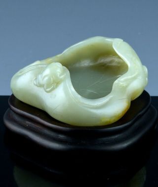 Fine Old Chinese Carved Celadon Jade Lotus Form W Frog Scholars Brush Water Pot