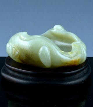 FINE OLD CHINESE CARVED CELADON JADE LOTUS FORM w FROG SCHOLARS BRUSH WATER POT 3