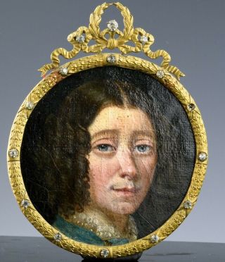 Early Antique Miniature Oil Portrait Painting On Canvas Jewelled Bronze Frame