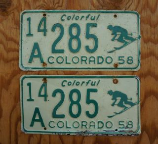 1958 Colorado Skier License Plate Pair / Set 285