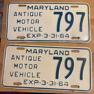Maryland 1964 Antique Motor Vehicle License Plate Pair - Quality 797