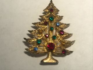 Signed Brooks Vtg Gold Jeweled Fruit Salad Rhinestone Christmas Tree Brooch Pin