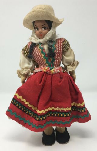 Vintage Costumed Ethnic Girl Doll With Hat & Braids Hard Face 10 " Long