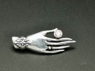 Vintage Victorian Style Silver Hand Brooch With Pink Stone 4g [322]