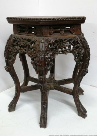 Antique Chinese Late Qing Carved Hardwood Marble Top Hexagonal Plant Stand