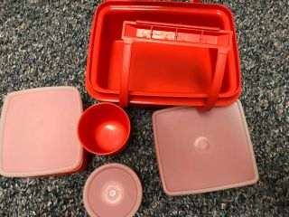 Tupperware Vintage Pack N Carry Lunch Box Red Orange Removable Handles