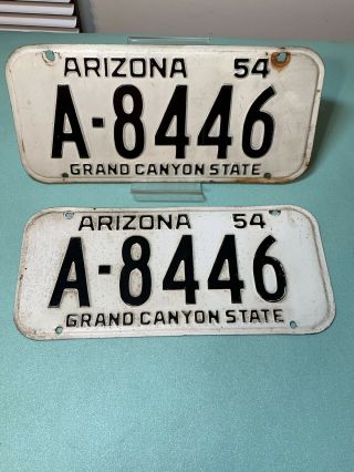 Vintage 1954 Arizona License Plate Pair Grand Canyon State White & Black A - 8446