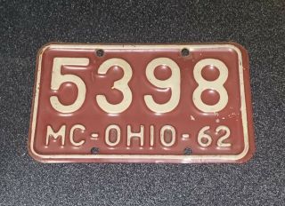 1962 Ohio Motorcycle License Plate Tag 5398 Harley Davidson All