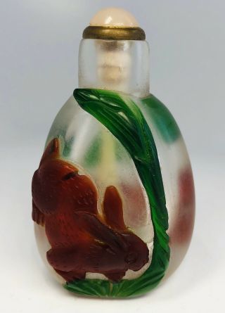 Antique 1920s Chinese Hand - Carved Glass Overlay Rabbit & Rat Snuff Bottle
