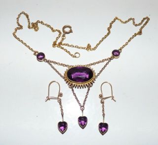 Antique Victorian Amethyst Paste Heart Lavalier Pendant & Drop Earrings Rg Gold