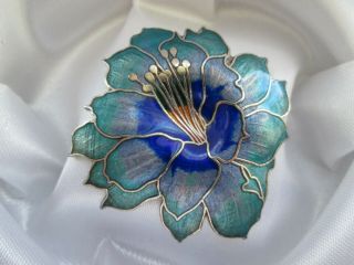 Vintage Turquoise Blue Enamel Orchid Lily Frilly Flower Silver Tone Brooch Pin