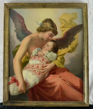 Fine Antique 19th Century Angel Oil On Canvas Painting Plank
