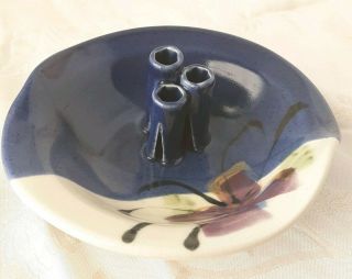 Vintage Pottery Flower Frog Blue White Follette