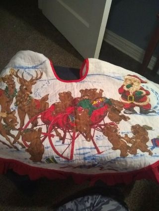 Vintage Christmas Tree Skirt Santa Reindeer Sleigh Bears Quilted Classic