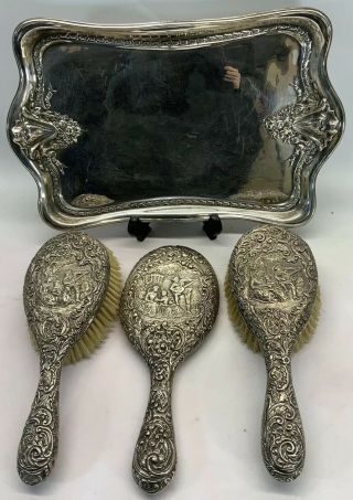 Edwardian 1904 Henry Matthews Sterling Silver Mirror,  Dressing Table Set,  Solid
