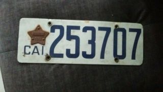 Antique California 1919 Porcelain License Plate W/badge W/matching Numbers