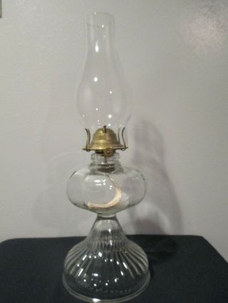 Vtg Tall Clear Glass Oil Lamp With Brass Insert And Thomaston Burner