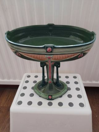 Vintage Foot Bowl In Green With Pink Rose Design