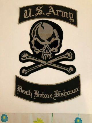 Vintage U.  S.  Army,  Death Before Dishonor,  Skull & Crossbones Biker Back Patches