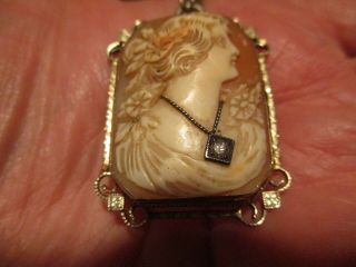 14k Antique Carved Cameo Brooch Victorian Woman W/ Diamond On Chain Pendant