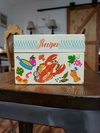 Vintage 1960s Ohio Art Metal Recipe Box Great Graphics Lobster Salad Steak