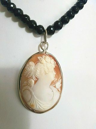 Antique Victorian Jet Large Shell Cameo Pendant On French Jet Necklace Goth