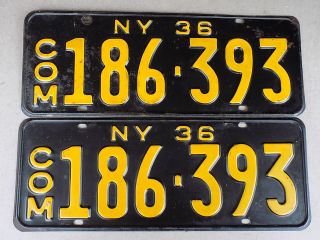 1936 York Ny Commercial License Plates 186 - 393 Yellow On Black