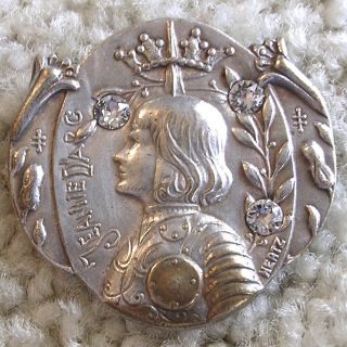 Ex Rare French Antique Joan Of Arc Silver Plated Button W/rhinestones Early1900s