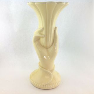 Vintage Ivory Tone Ceramic Hand Holding A Trumpet Vase 10 " Tall