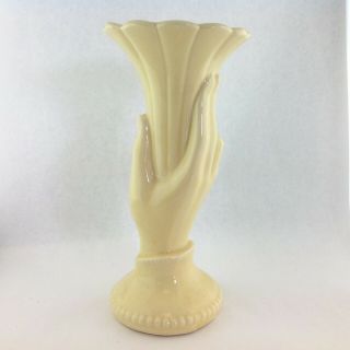 Vintage Ivory Tone Ceramic Hand Holding a Trumpet Vase 10 