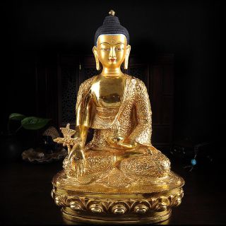 12 " Antique Tibetan Buddhist Copper Gilt Hand Painting Medicine Buddha Statue