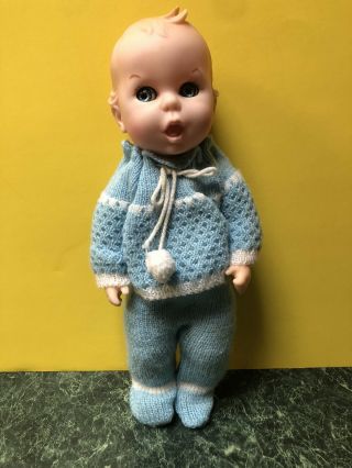 Adorable Vintage Gerber Baby Doll Flirty Eyes Hand Crocheted Blue Outfit