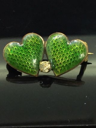 Antique Victorian Brooch Pin Guilloche Enamel Paste Stone Twin Hearts Gilt C1880