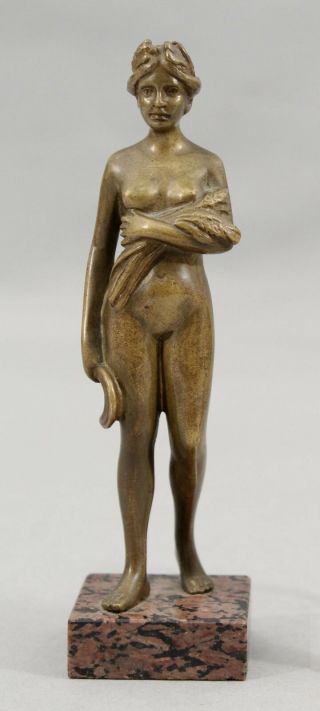 Antique Signed Miniature Austrian Bronze Sculpture,  Nude Woman w/ Sickle & Wheat 2