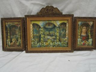 Rare Antique 1905 - 1910 Russian Tryptich Folding Icon In Shadow Boxes