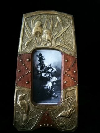 Huge Arts And Crafts,  Nouveau,  Brass On Wood Photo Frame