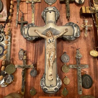 Rare 1940s - Era Antique Catholic Crucifix Nuns Altar Religious Relic Metal Statue