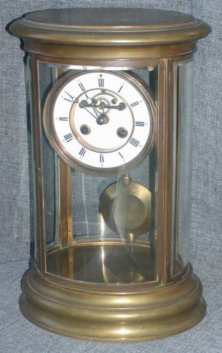 Antique French Oval Glass Brass Mantle Clock Hp Paris H Pons Time Strike 14x9 "