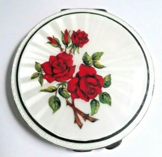 Art Deco English Sterling Silver Guilloche Enamel Powder Compact With Red Roses.