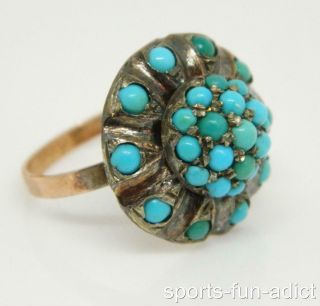 Antique 14k & 10k Persian Turquoise Domed Bombe Cluster Ring Size 7.  50